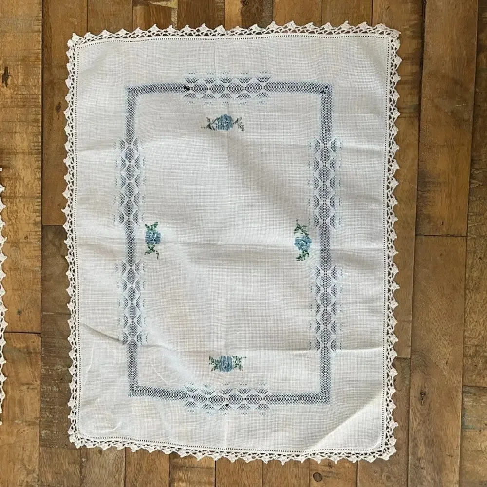 White Cotton Napkin Set (4) Handmade Blue Cross-Stitch Floral Crochet Border